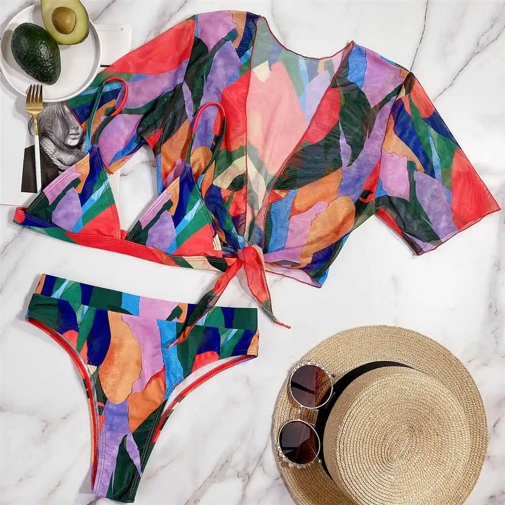 S - XXL Colorful Print High Waist Bikini Female Swimsuit Women Swimwear Three-Pieces Bikini Set Bather Bathing Suit Swim V2805