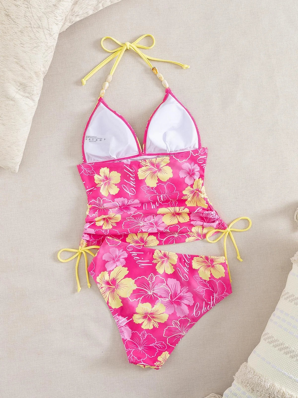 Vintage Pink Floral Print Bikini Set 2026 Swimwear Women Drawstring Side Push Up Tank Top High Waist Short 2 Piece Swimsuit