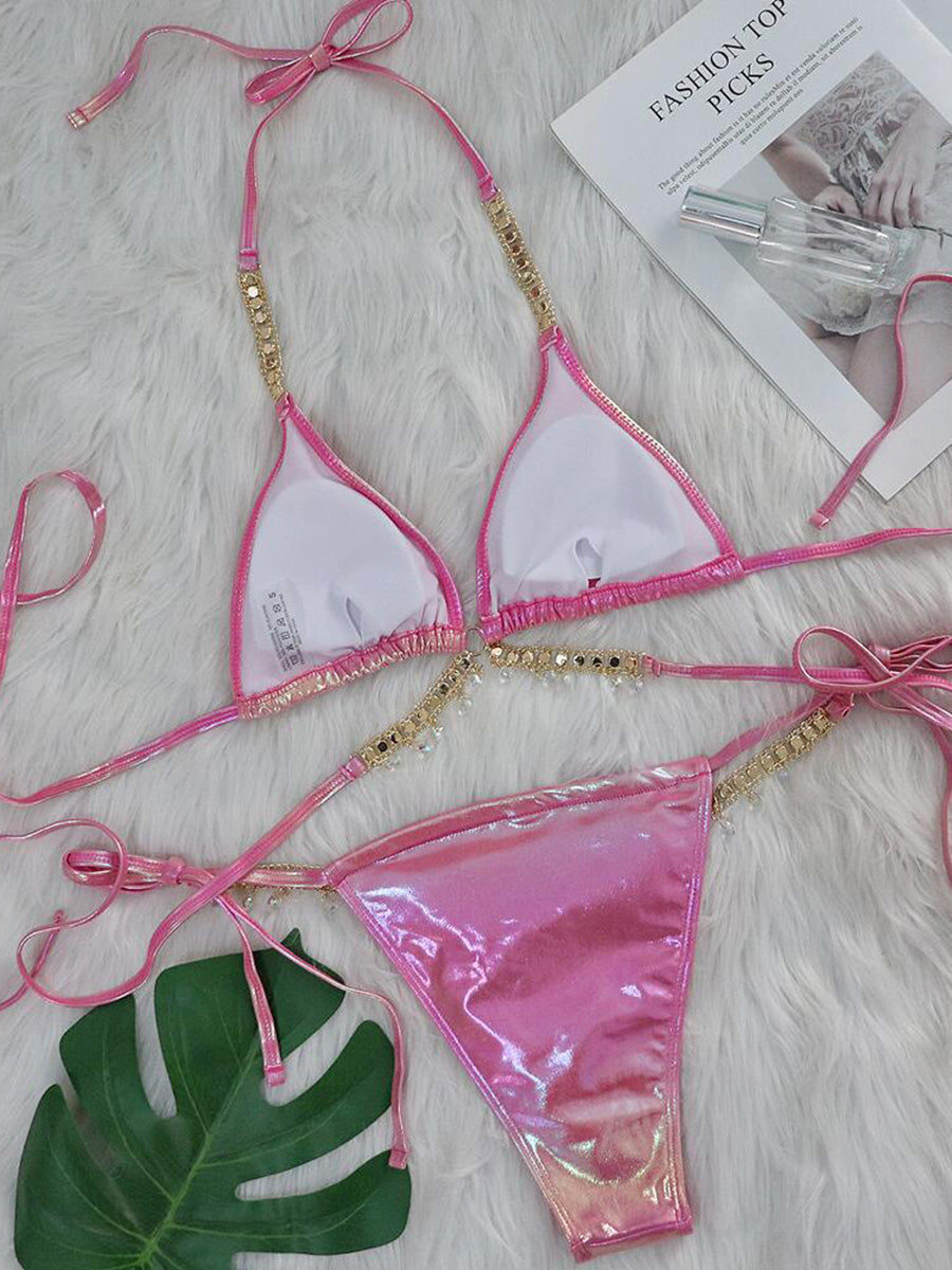 PU Faux Leather Bikinis Wrap Around Diamond Bikini Women Swimsuit Female Swimwear Two-pieces Bikini Set Halter Bathing Suit Swim