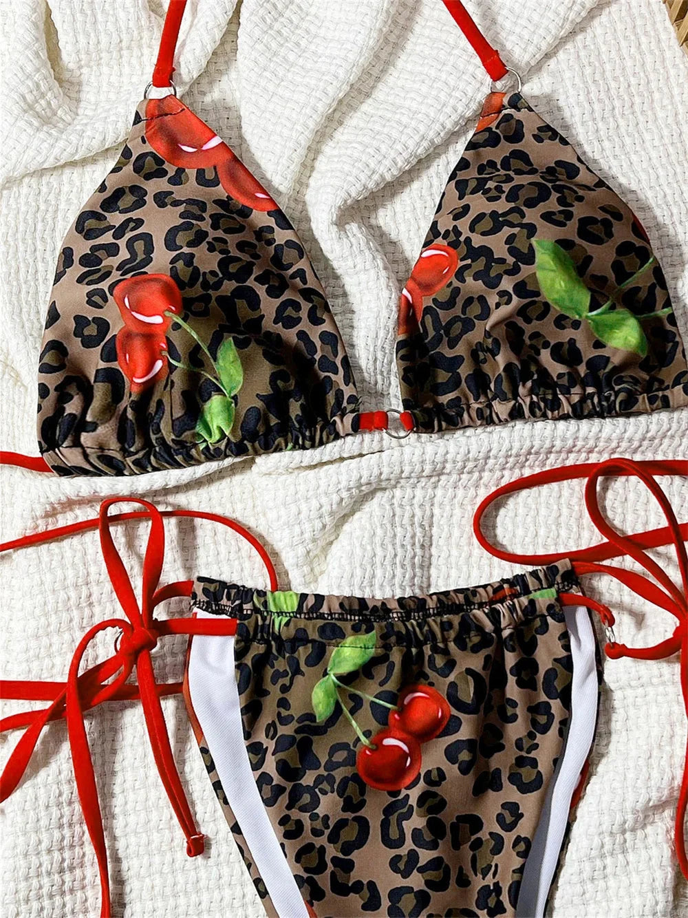 Sexy Leopard Cherry Bikini Red String Extrem Backless Swimsuit Tanga Halter Swimwear Women Bathing Suit Beach Outfit Bikinis Set