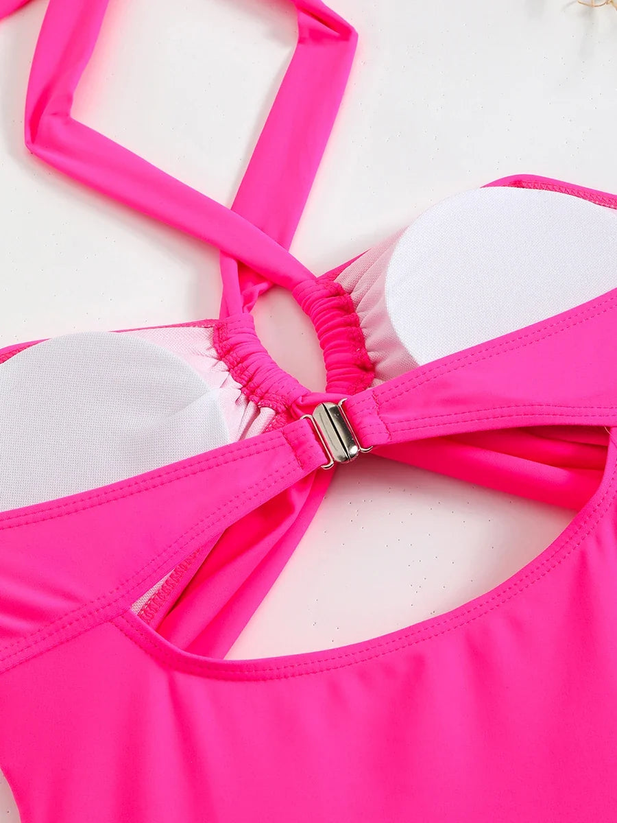 2026 Sexy Padded Swimsuit Women One Piece Halter Hollow Swimwear Female Solid Bathers Bathing Swimming Swim Suit Beachwear