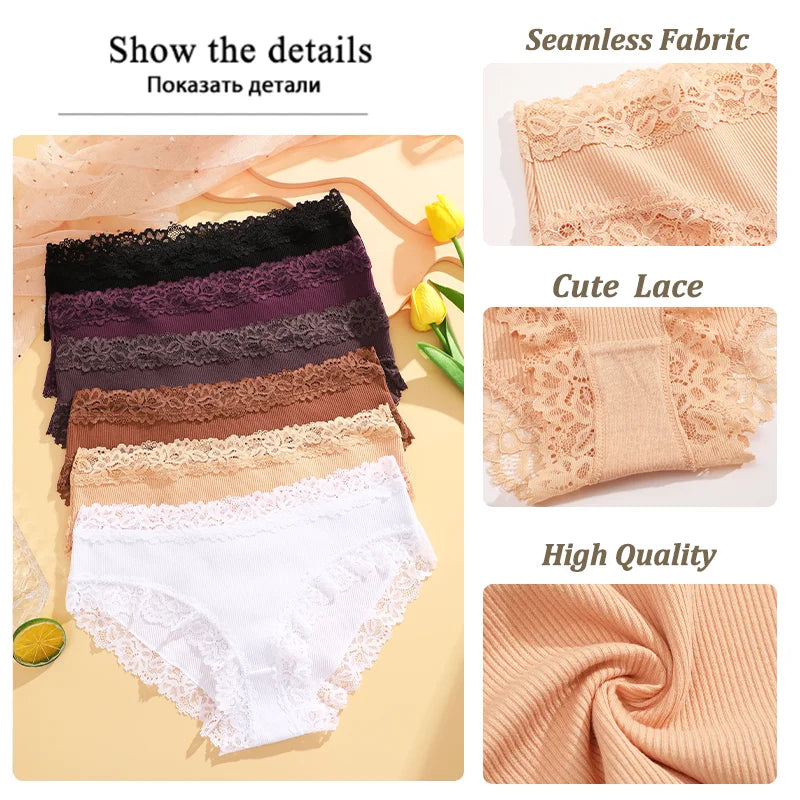 6PCS Sexy Lace Cotton Pants Women Low Waist Panties Underwear S-XL Solid Color Ladies Briefs Lingere Underware Comfortable Women