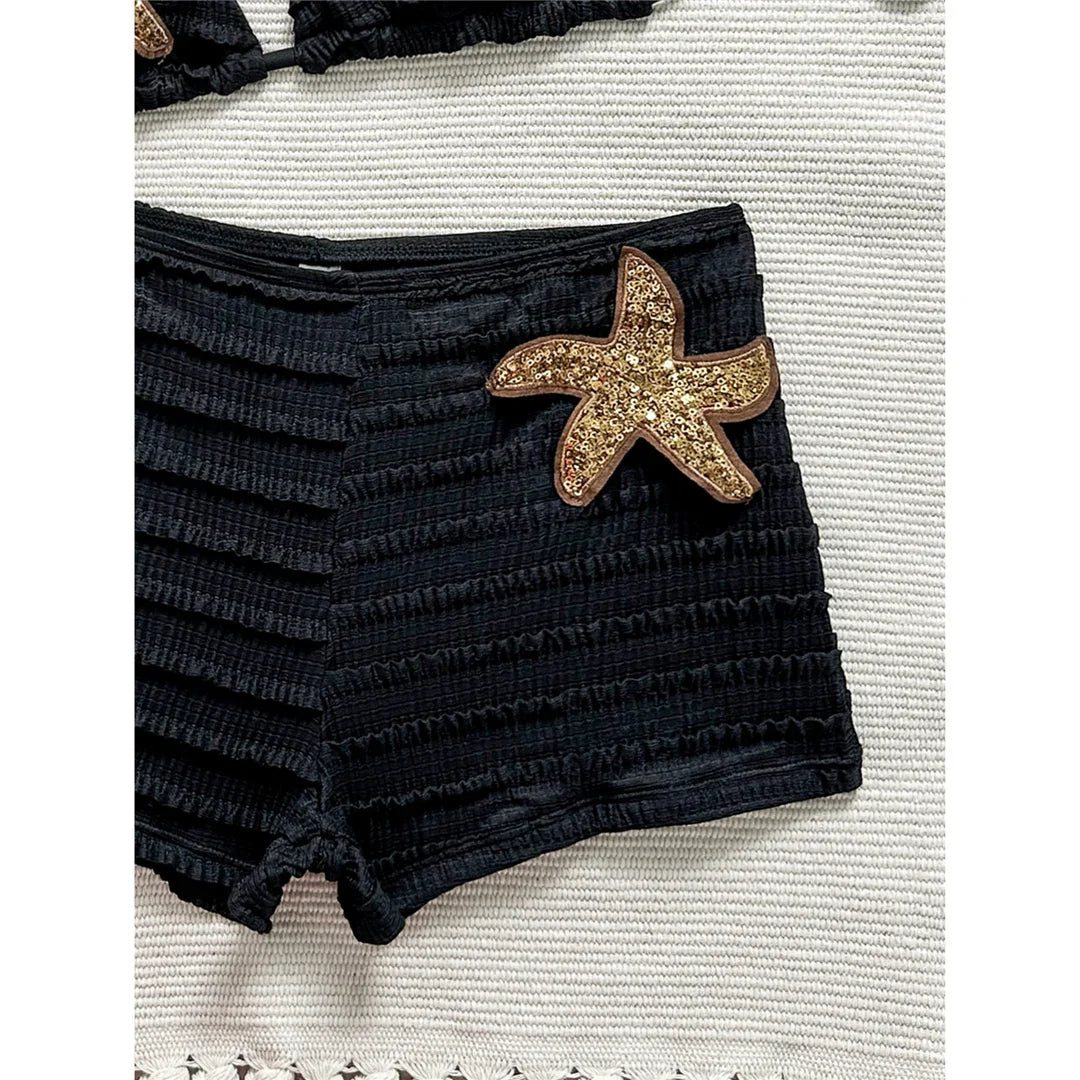 Sequins Starfish Halter High Waist Bikini Female Swimsuit Women Swimwear Two-Pieces Bikini Set Bather Bathing Suit Swim V8215