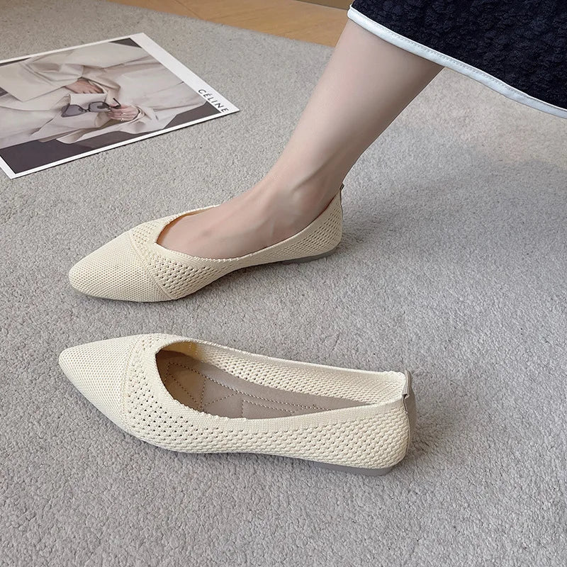 2025 Women Pointed Toe Flats Breathable Fabric Spring Summer Flat Shoes Soft Sole Slip-on Girls Daily Walking Driving Loafers