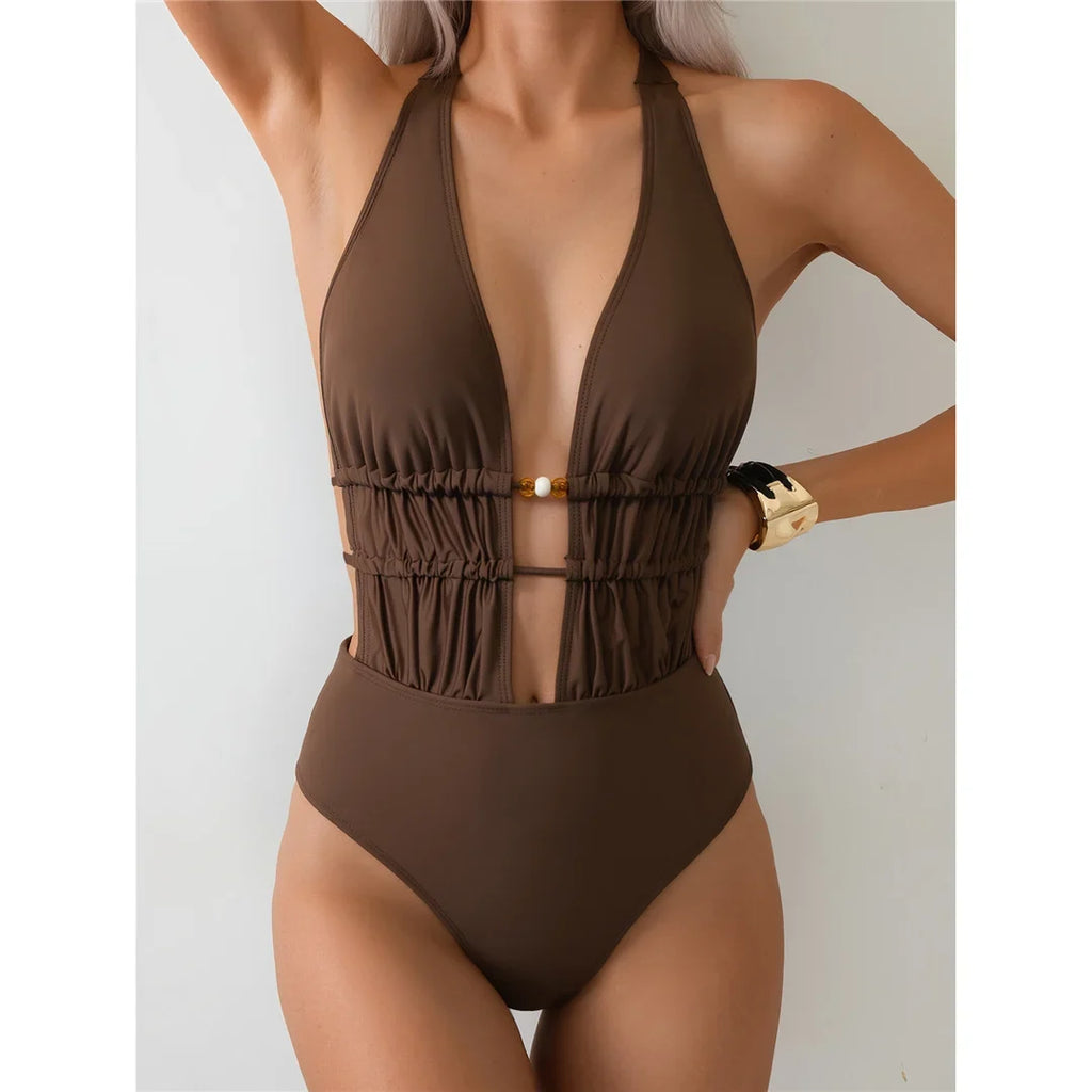 S - XL Deep V Neck Halter Wrinkled Women Swimwear One Piece Swimsuit Female Backless High Leg Cut Bather Bathing Suit Swim V7831