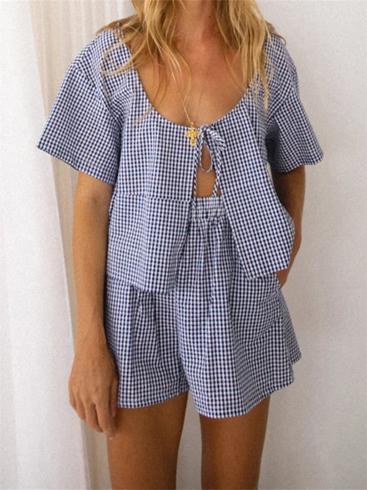 2 Piece Sets Women's Loungewear Front Toe-up Plaid Short Sleeve Shirts Tops and Shorts Sets Summer Y2K Casual Loose Streetwear