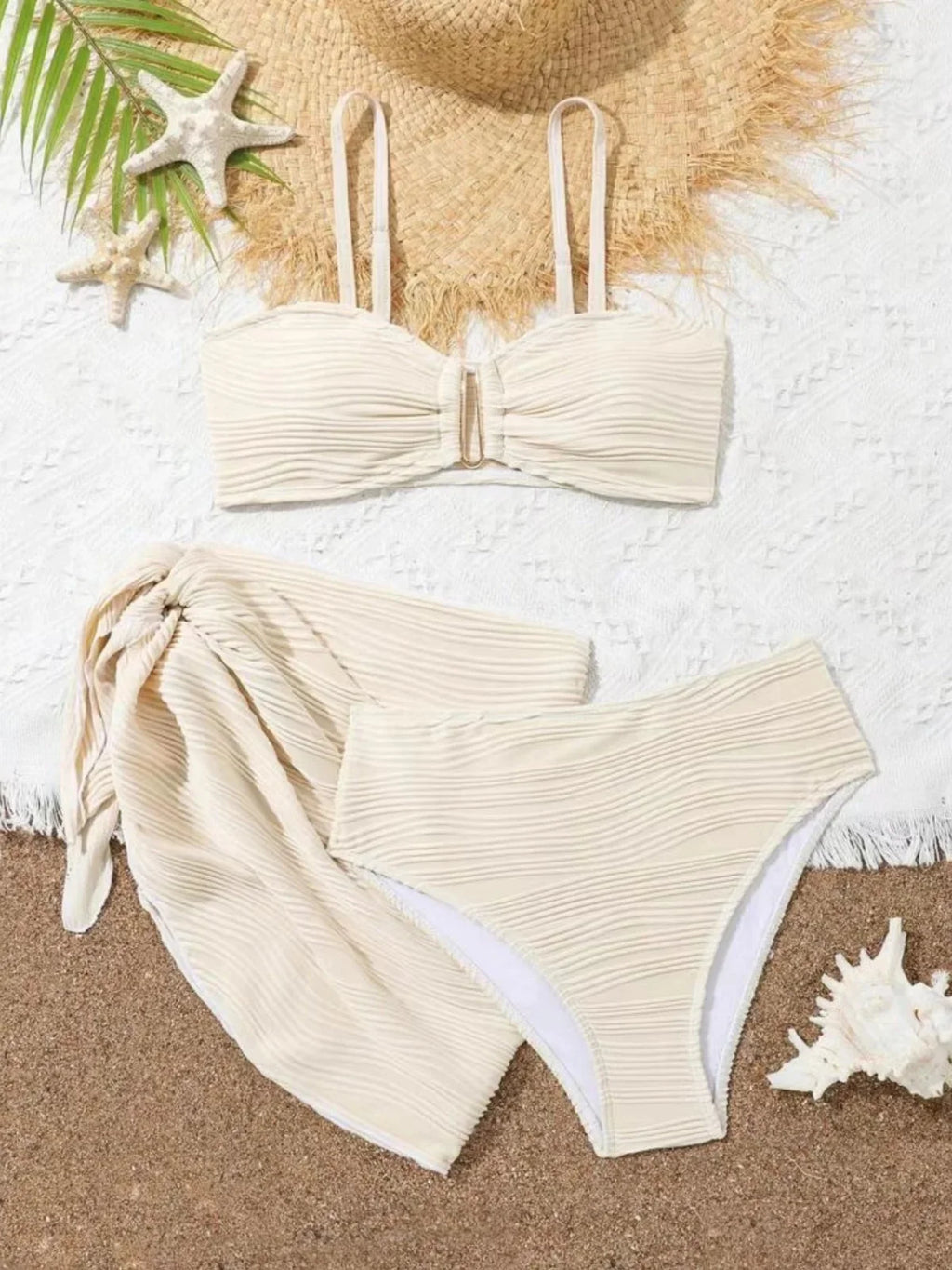 Sexy Black Beige Mesh Skirt 3 Piece Bikini Set 2025 Women Summer Metal U Wire Push Up Swimwear Bathing Suit Holiday Swimsuit