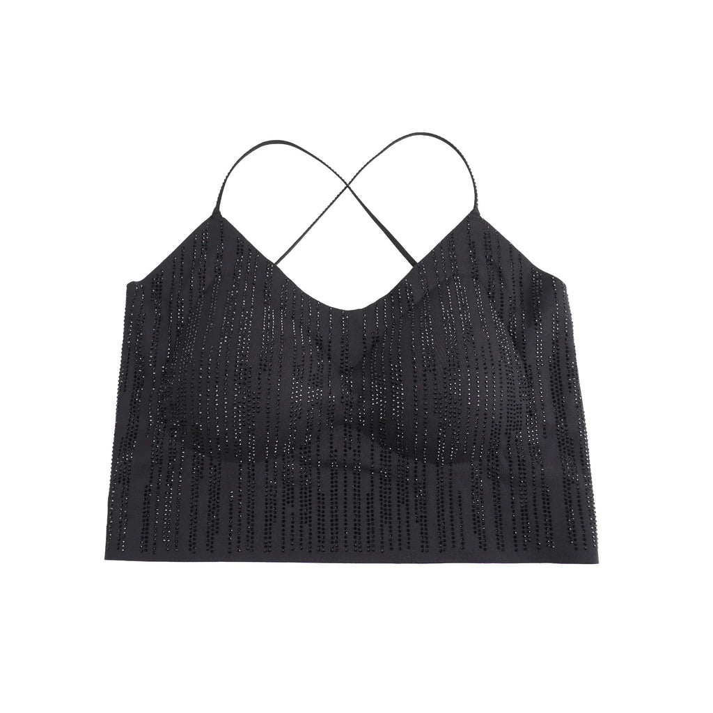 Black Rhinestone Camisole for Women Sexy Slim Fit Seamless Backless Short Top Night Out Clubwear