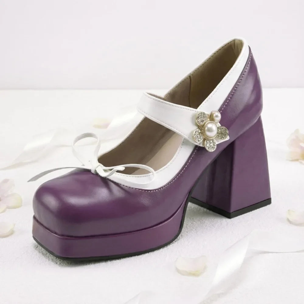 Purple Women Pumps Square Toe 9cm For Women Mary Janes Lolita Block Heel Platform Bowknot Princess Leather Shoes Big Size 34-48