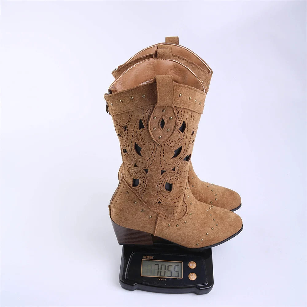 Big Size 43 Women's Wasteland Western Cutout Vegan Suede Cowboy Boots with Rivets 6cm Block Heel Summer Mid-Calf Boots Shoes