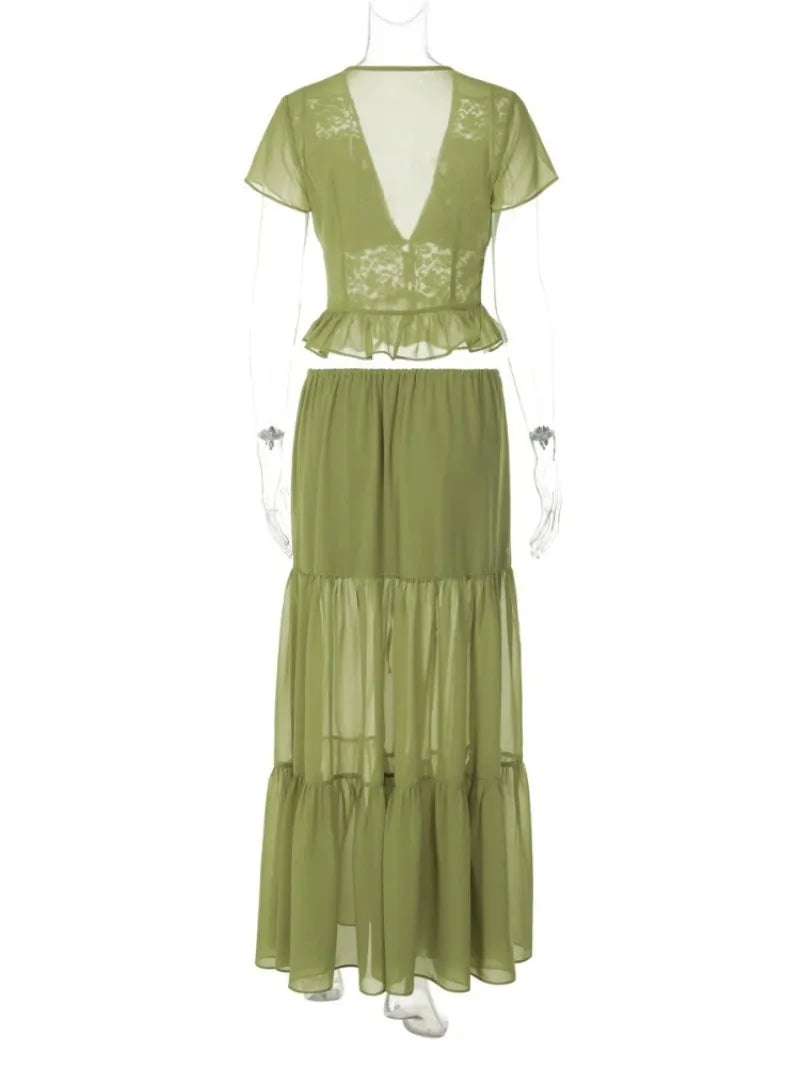 FDYOUI Sexy V-neck Lace Patchwork T-shirt Tops+Long Skirt 2 Piece Set Women's Summer Green Holiday Party Dress Suit Streetwear