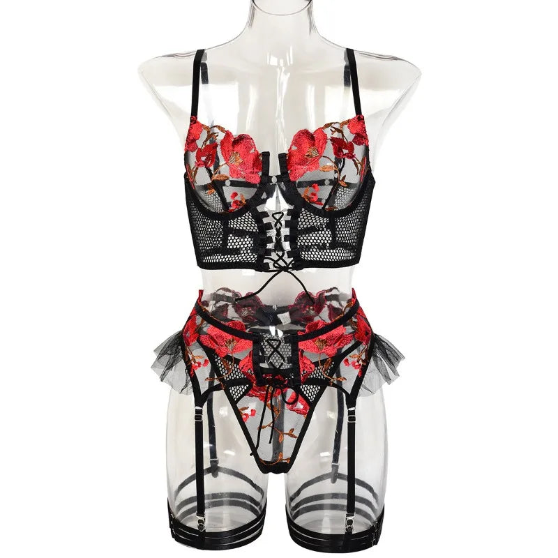 Toucheart 4-Piece Sexy Lingerie Set Women Embroidered Flower Straps Cross Hollow Out Mesh Patchwork Sexy Lace Up Bra Garters Set