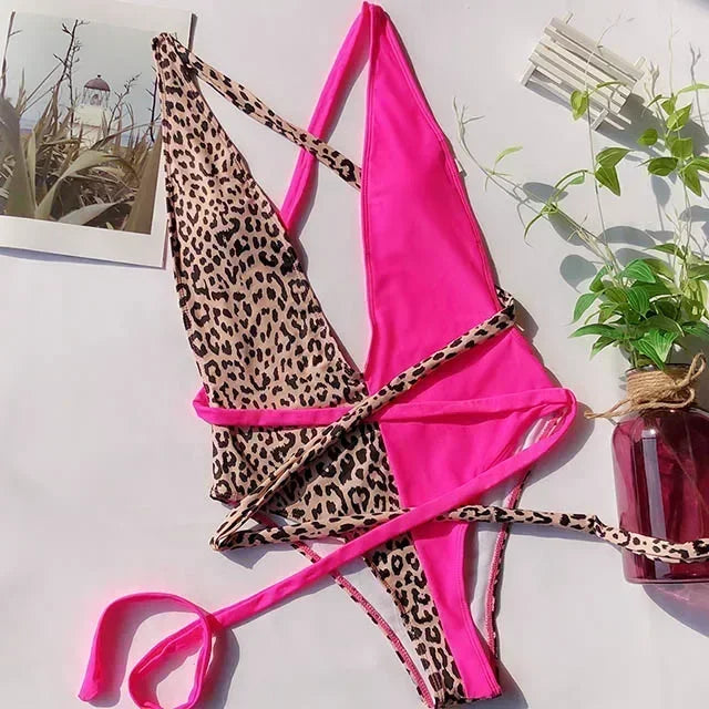 Deep V Neck Splicing Wrap Around Leopard Female Swimwear One Piece Swimsuit Women Backless Monokini Bather High Cut Bathing Suit