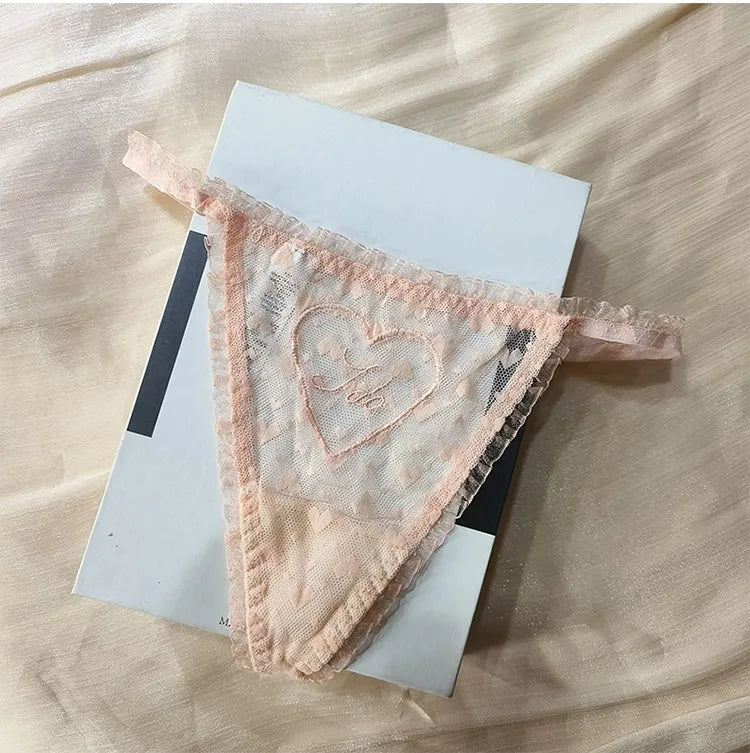 Embroidery Heart Sexy Girls Panties Women Briefs Thong Lace G String Underwear Thin Transparent Low Waist Female Lingerie