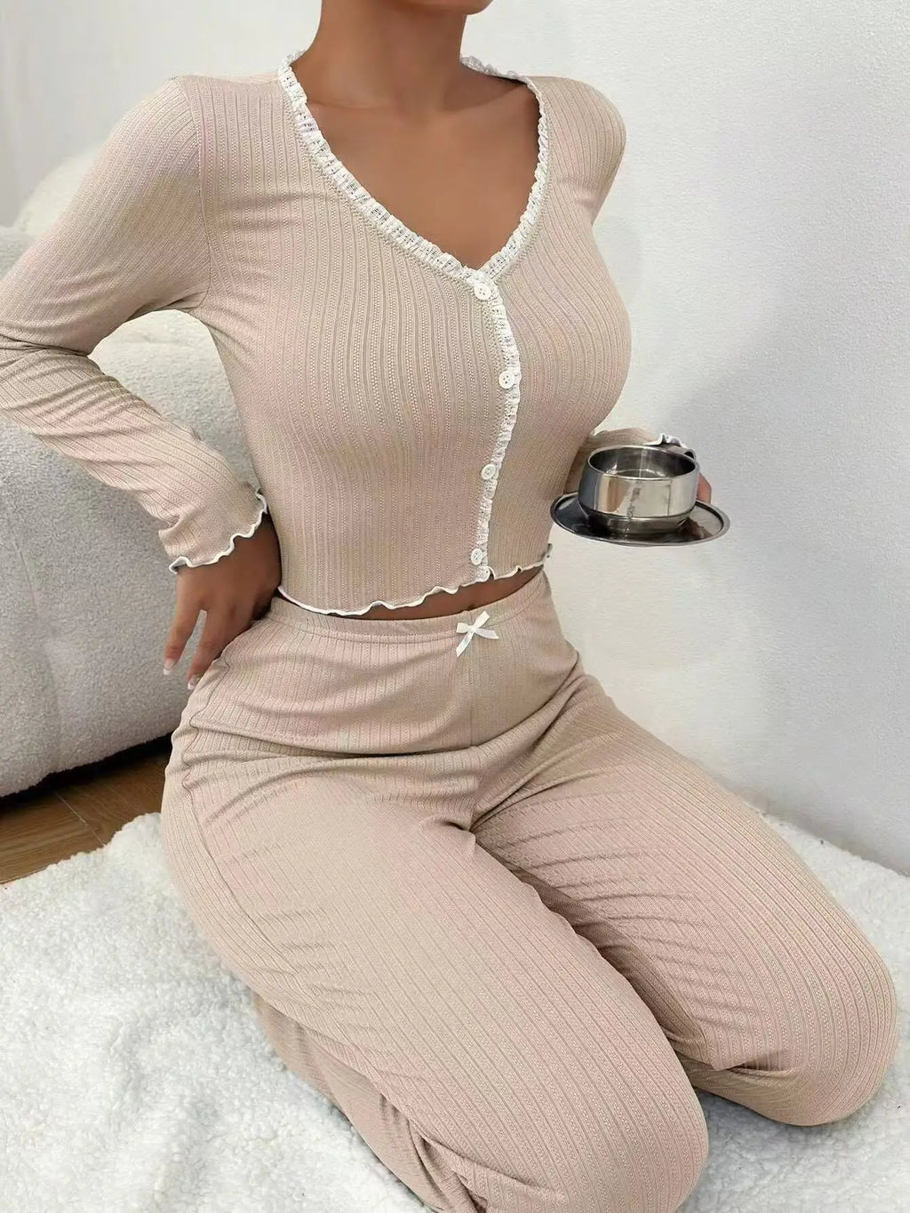 Y2K Ribbed Knit Loungewear Set for Women Long Sleeve V Neck Button Top and Pants Pajamas Two Piece Sleepwear with Lace Trim New