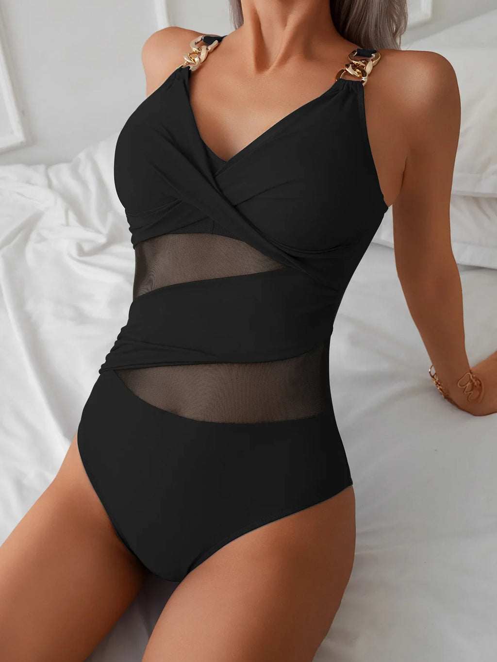 2026 Sexy Mesh Swimsuit One Piece Ring Link Strappy Swimwear Women Solid Bathers Bathing Swimming Swim Suit Female Beachwear