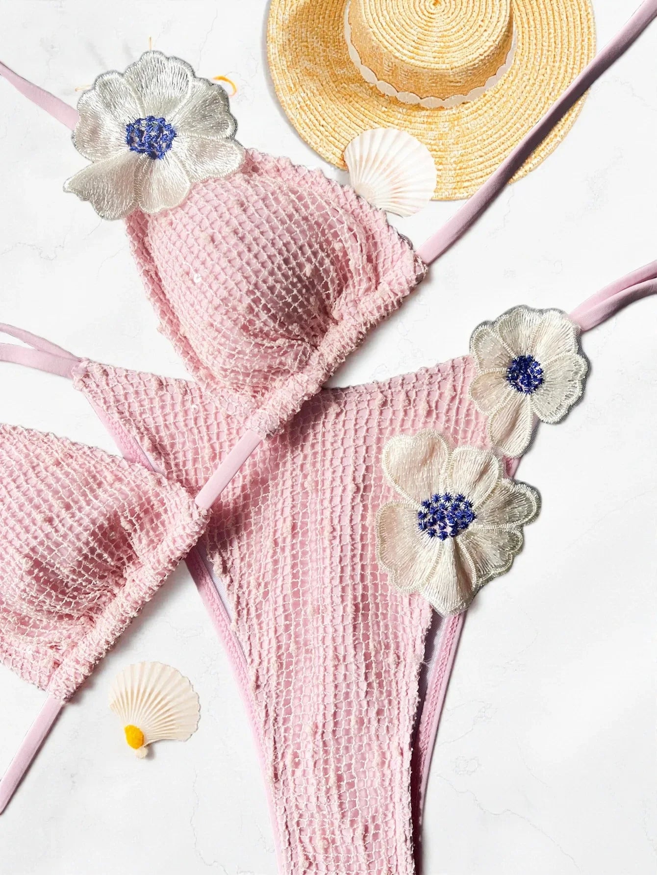 New Summer Women's Micro Bikini Set Crochet 3d Flower Decor Swimsuit Sexy Backless Low Waist Swimwear Push Up Thong Bathing Suit