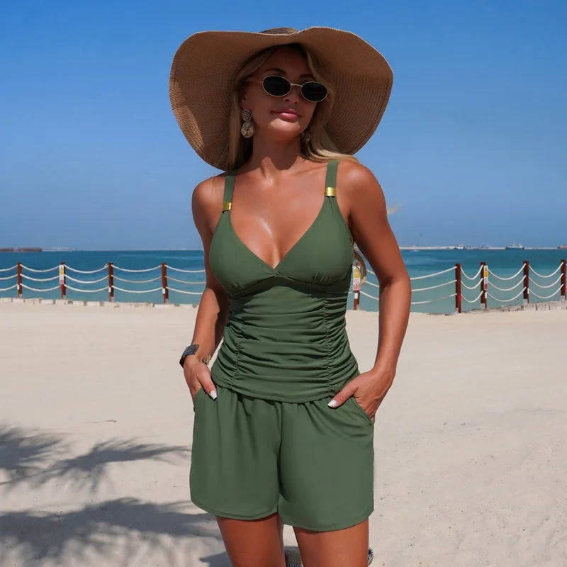 Green Black Pocket Short Two Piece Swimsuit Women V Neck Pleate Tank Top High Waist Tankini Set Beach Bathing Suit Swimwear 2026