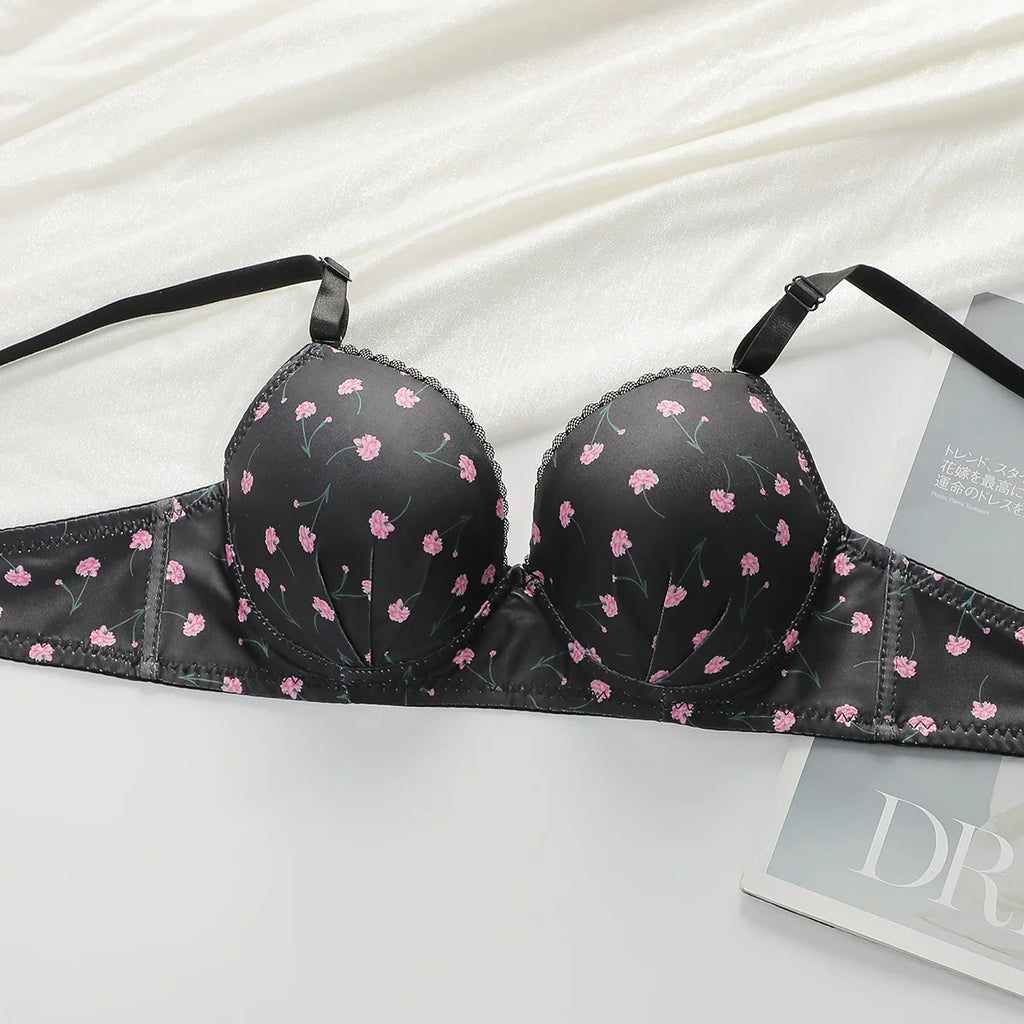 Two Piece Women Underwear Set With Floral Print Design 3/4 Cup Hood Gathered And Matching Triangle Underwear Sexy Lingerie A2169