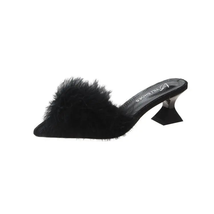 Women's Half Slippers New Summer Sexy Pointed Temperament High-heeled Slippers Female Fashion Furry High Heels Solid Slides