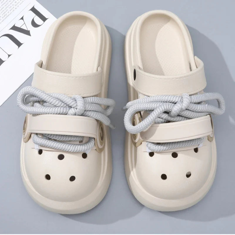 Women Summer Sandals Lace-up Style 2 Way to Wear Couples Fashion Platform Clogs Soft EVA Thick Sole Men Beach Street Slippers