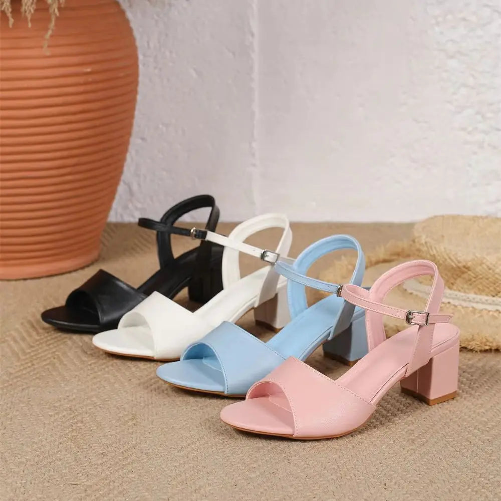 Size 42 Summer Classic Black White Ankle Strap Sandals for Women Elegant Blue Pink Square Heels Office Lady Shoes