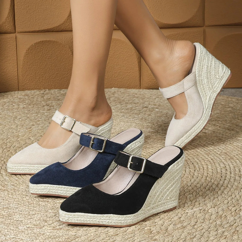 2025 Women's Sandals Spring Pointed Toe Wedge Heel Shoes Thick Soled High Heel Hollow Women's Shoes Straw Hemp