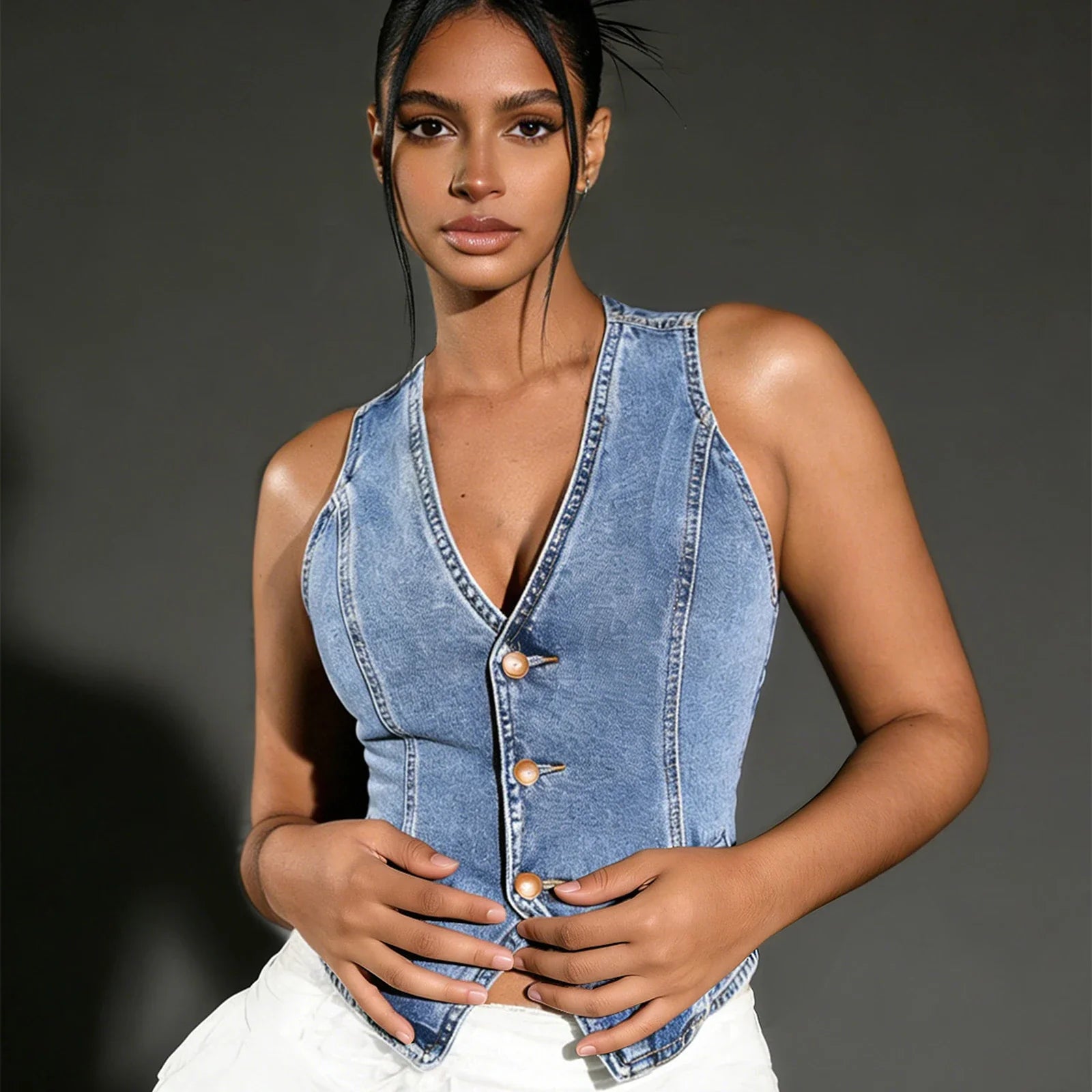 Women's Summer Solid Color Denim Vest Sleeveless V Neck Slim Fit Button Down Jean Tops Waistcoat Vests