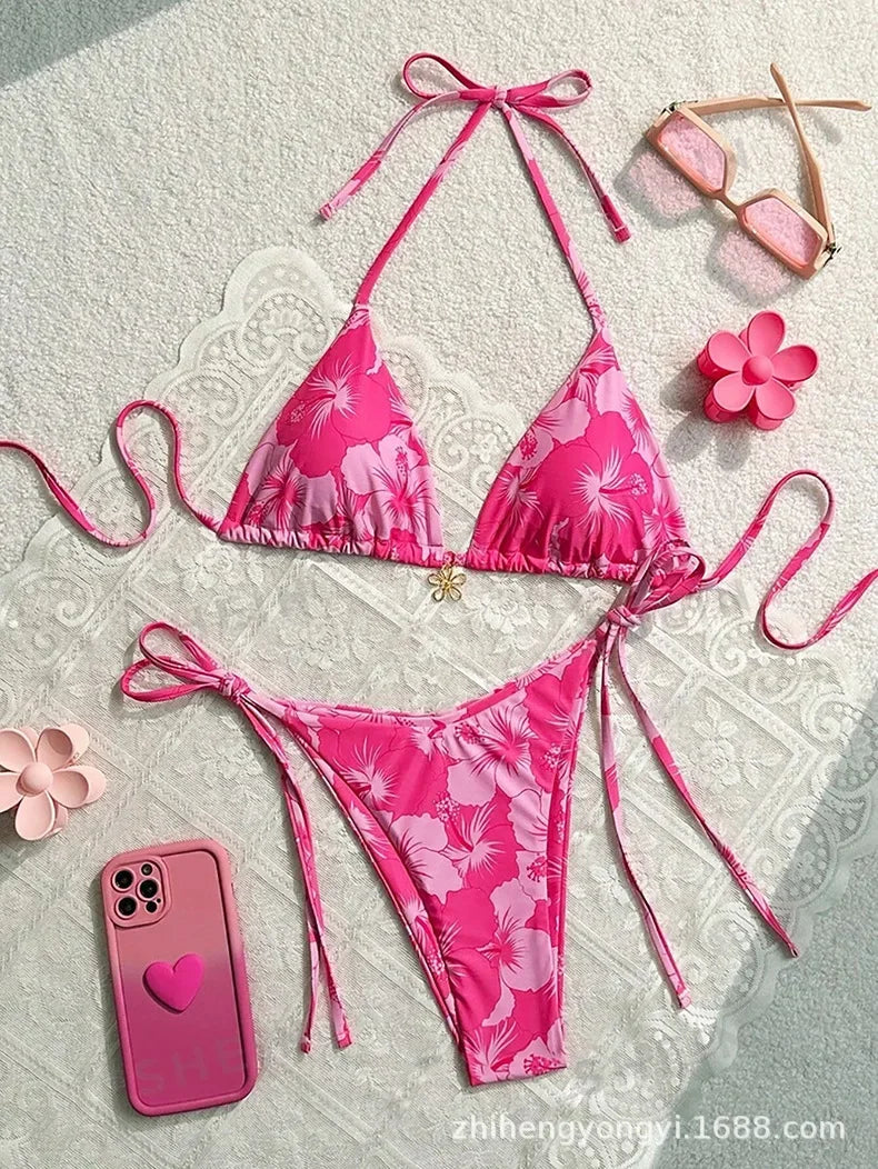 New New Floral Tie-Detail Bikini Sexy Three-Point Women's Swimsuit Sporty Yoga Fitness Fans' Goods Swimsuit Bikini