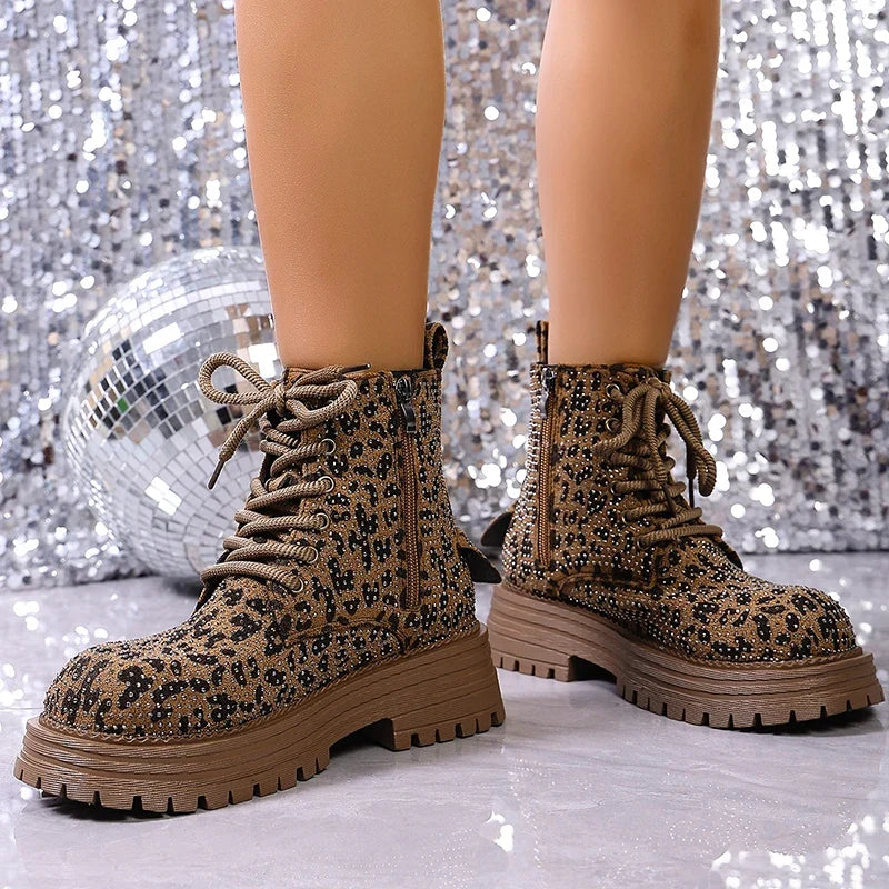 Fashion Leopard Print Platform Ankle Boots Women Lace Up Thick Sole Crystal Short Booties Mujer Round Toe Zipper Modern Boots