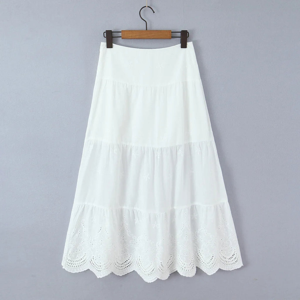 New Style Vacation Casual Long Skirt Half Transparent Lace Trimmed Mesh Splicing Hollow Embroidery Fairy Long Skirt Elegant TGER