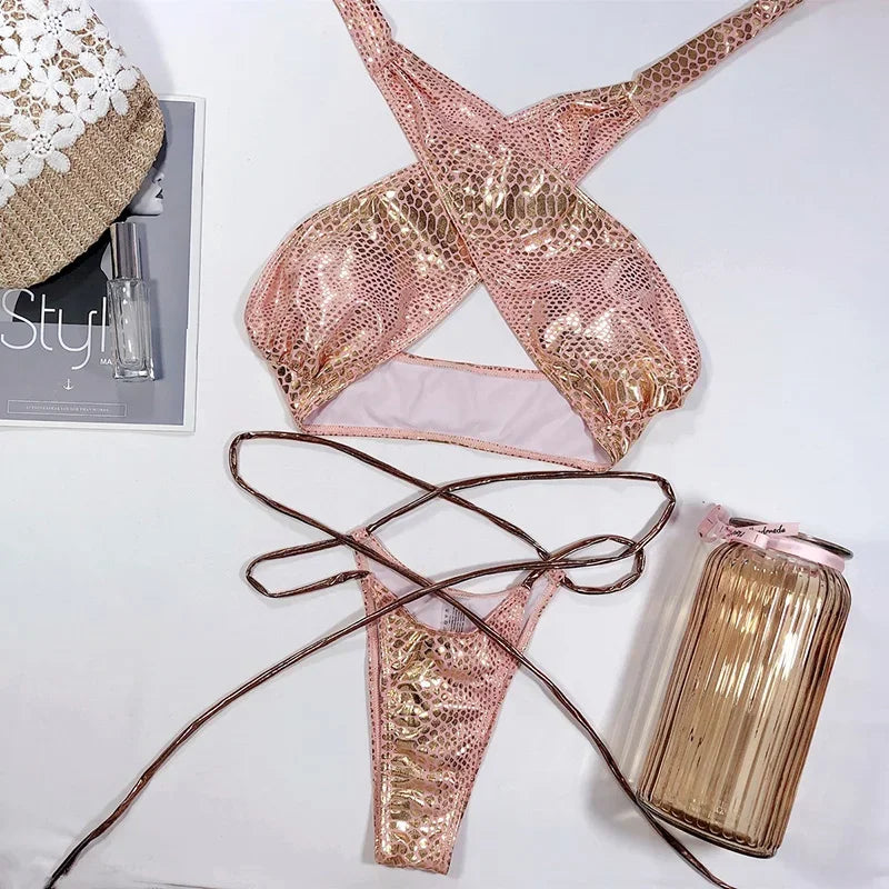 Snake Skin Mini Micro Thong Bikini Women Swimwear Female Swimsuit Two Pieces Bikini Set Halter Wrap Around Bathing Suit Swim