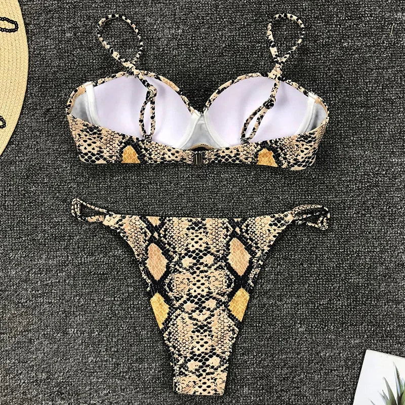 Snake Skin Underwired Bra Cup Bikini Women Swimsuit Female Swimwear Two Pieces Bikini Set Mini Micro Thong Bathing Suit Swim
