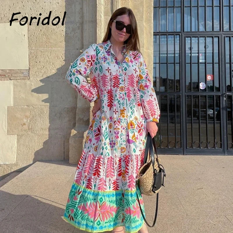 Foridol Floral Print Casual Boho Shirt Dress Maxi Long Autumn Winter Long Sleeve Dress Vestidos 2025 Button Up Dress