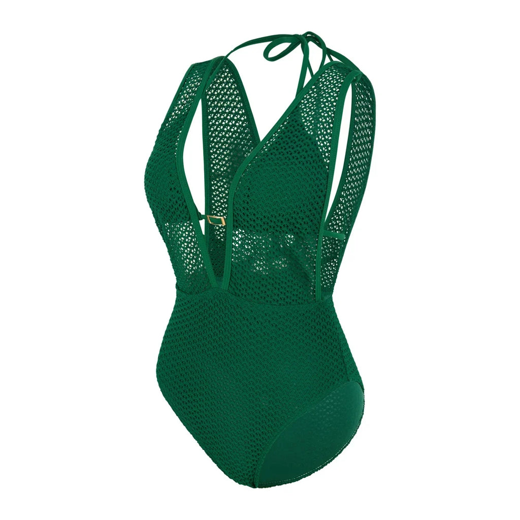 S - XL Deep V Neck Knit Fish Net Mesh Women Swimwear One Piece Swimsuit Female Monokini Backless Bather Bathing Suit Swim V7832