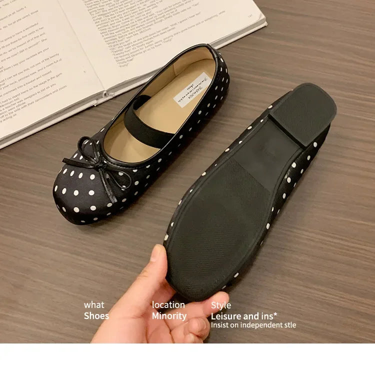 Polka Dot Women Ballet Flats Comfortable Round Toe Elastic Band Shoes Street Style Soft Sole Ladies Eelgant Wedding Dress Shoes