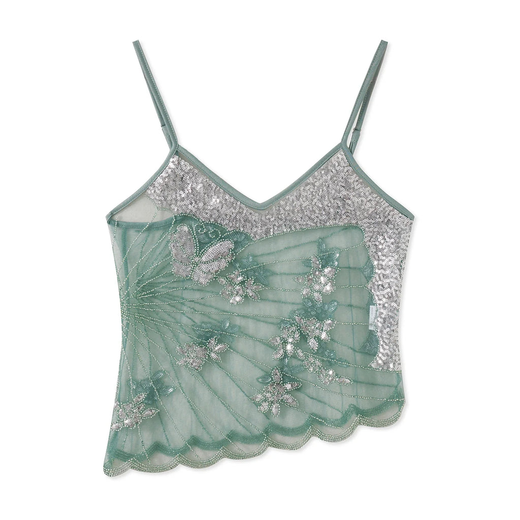 Women Sleeveless Spaghetti Strap Sheer Camisole Fashion Beaded Sequin Butterfly Cami Tops Summer Crop Tops