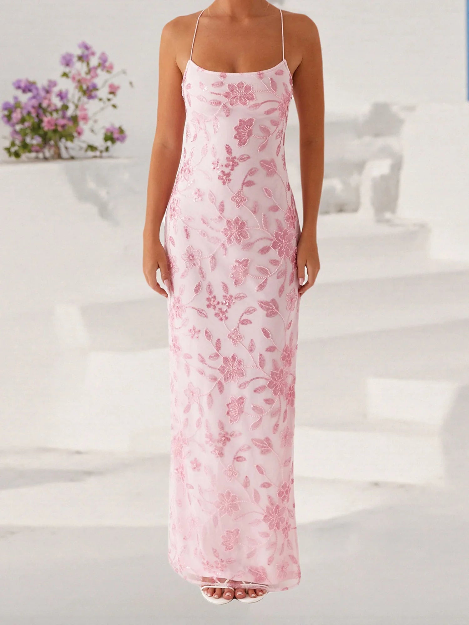 Women Summer Glitter Sequin Beaded Flower Cami Dress Slim High Split Spaghetti Strap Open Back Long Dresses for Party Club