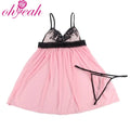 Pink Embroidery Lace Babydoll Nightdress for Women Sheer Mesh V Neck Sleepwear Plus Size With Thong