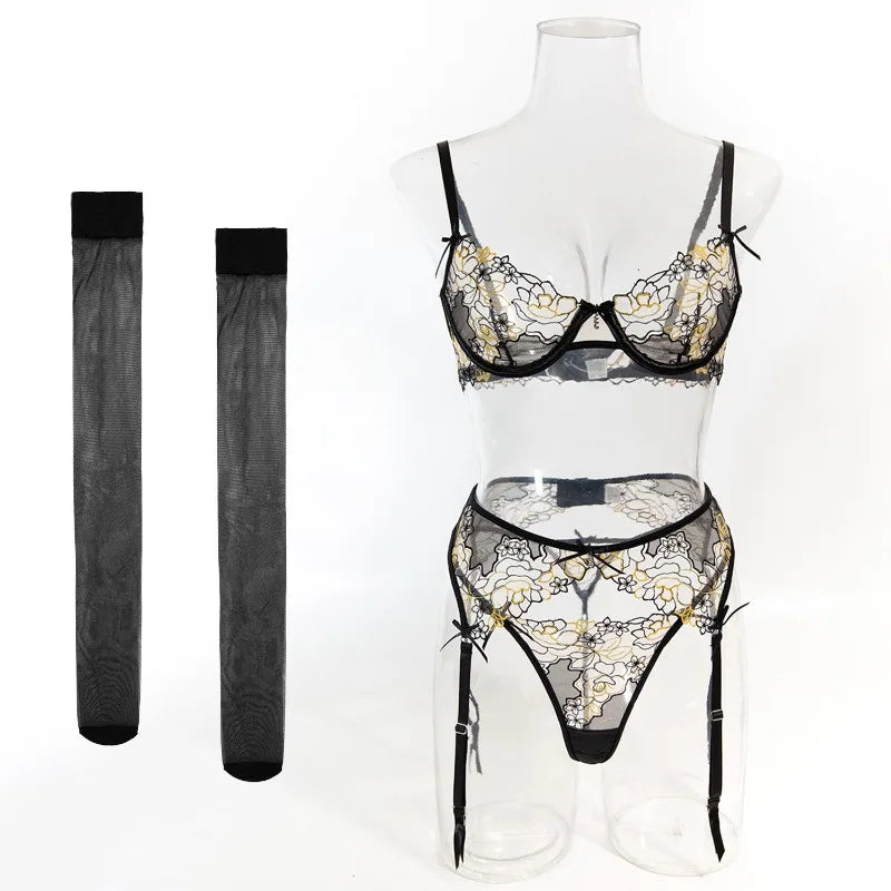 Toucheart Erotic LingerieNew Butterfly Embroidered Mesh See-through Sexy Contrastingerotic Lingerie Four-piece Setwith Stockings