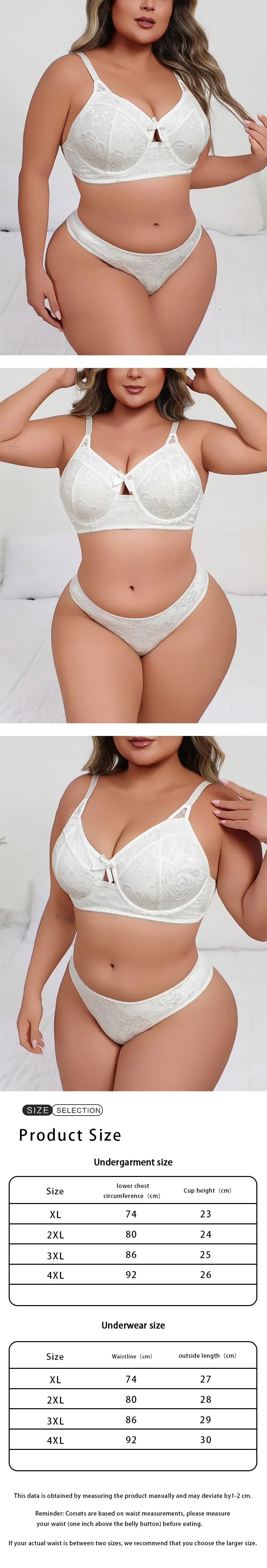 Plus Size Sexy White Cami Lingerie Set, Solid Color Push-up Bra and Panty Two-piece