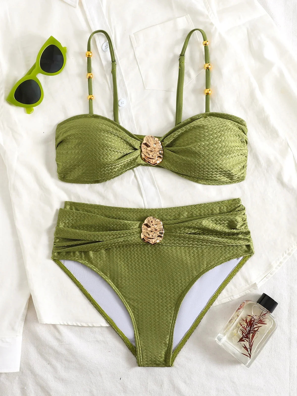 Sexy Metal Buckle High Waist Bikini Set Women Black Green Pleate Push Up Bra Swimwear Beach Bathing Suit Two Piece Swimsuit 2026