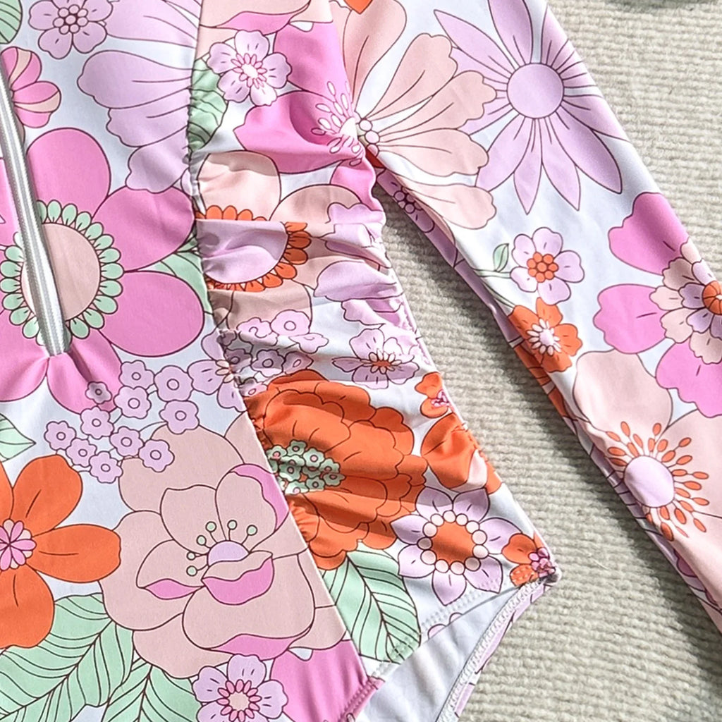 Pink Floral Print Surf Swimwear Women Front Zipper Long Sleeve Sunscreen Holiday One Piece Swimsuit Bathing Suit Monokini 2026