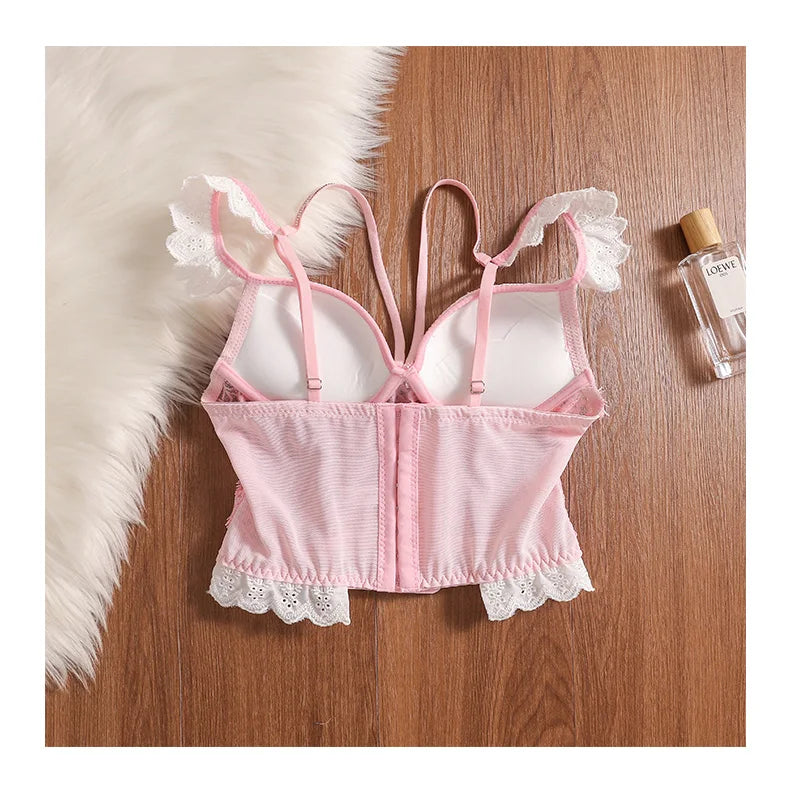 MOYISU Rhinestone Lace Corset Bra Set Pink Halter Bustier Slim-Fit Waist Trainer Sexy Lingerie for Women Party Wedding Outerwear