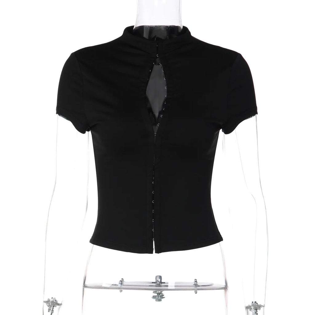FDYOUI Woman Covered Buttons T-shirts 2026 Summer Short Sleeve Slim Cardigan Tops Ladies Chic Corset Tee Shirt White Black Red