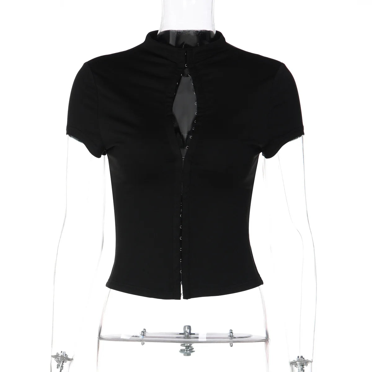 FDYOUI Woman Covered Buttons T-shirts 2026 Summer Short Sleeve Slim Cardigan Tops Ladies Chic Corset Tee Shirt White Black Red