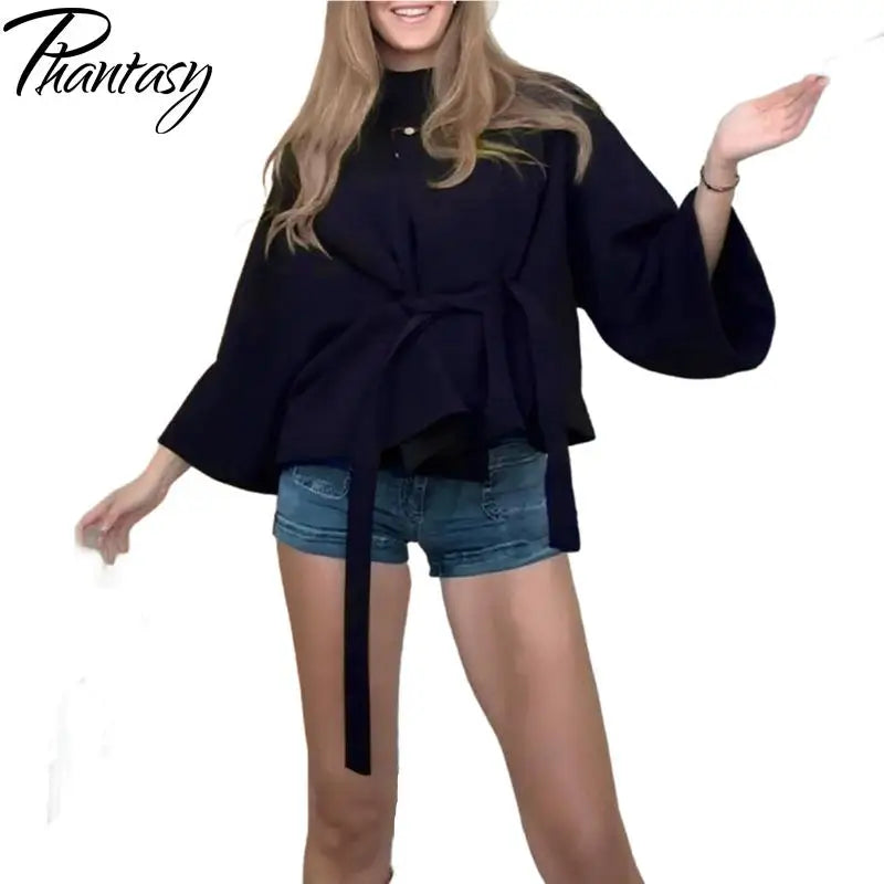 Phantasy Elegant Grey Lace Up Woolen Coats Women Stand Collar Full Sleeve Jackets Autumn Winter Outerwear Female Tops 2025