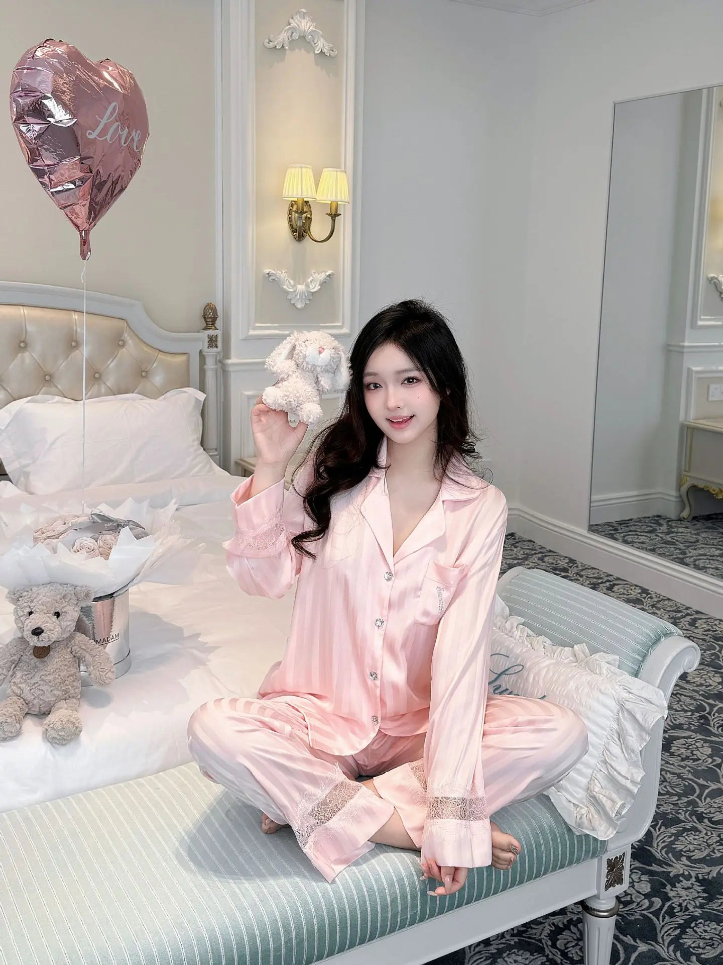 Lace splicing light luxury pajamas for women long-sleeved ice silk silk early spring comfortable home wear set