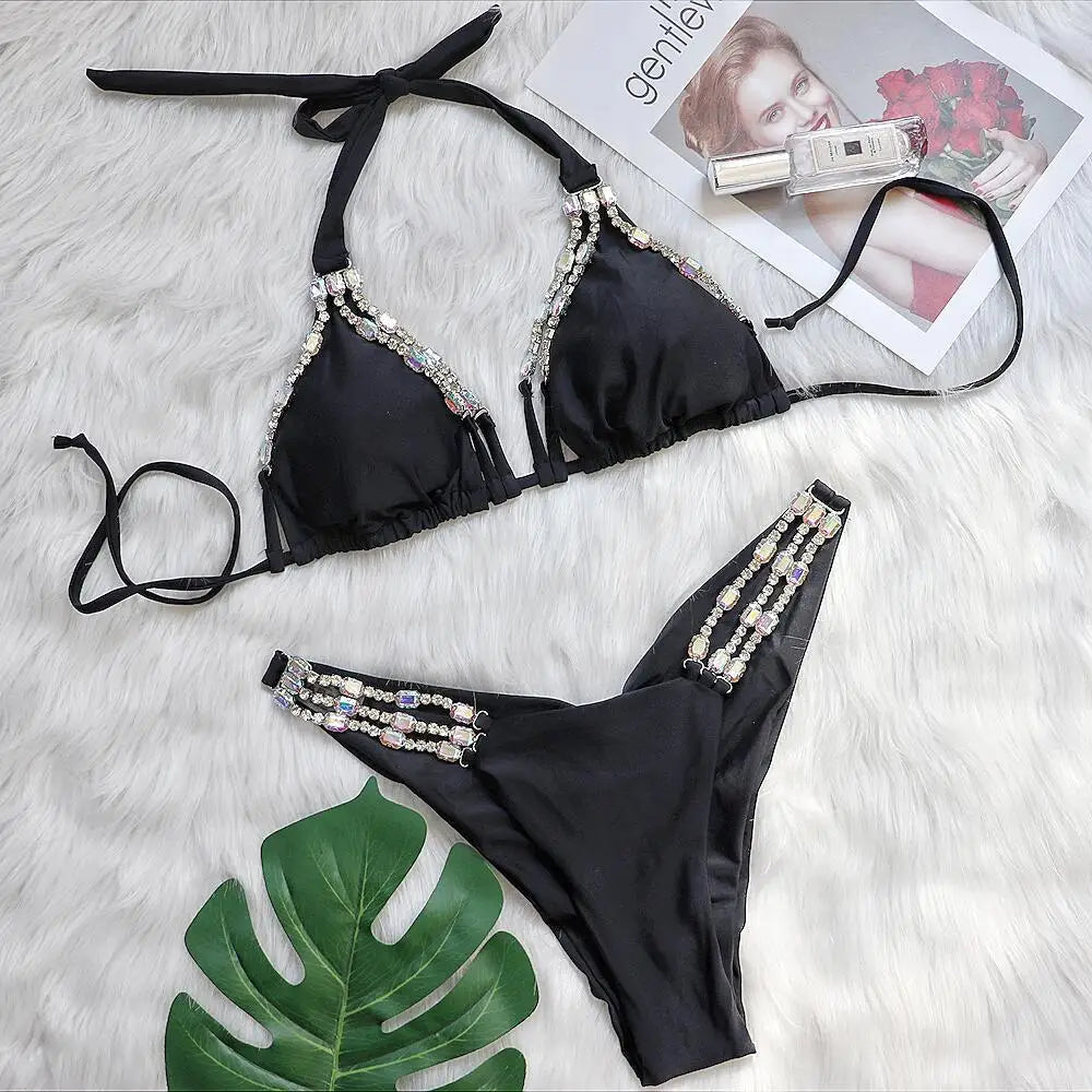3 Colors Sexy Bikini Women Rhinestone Chain Swimwear Swimsuit Halter Bikinis Set Bathing Suit Beach Holiday Bikini Luxe Female