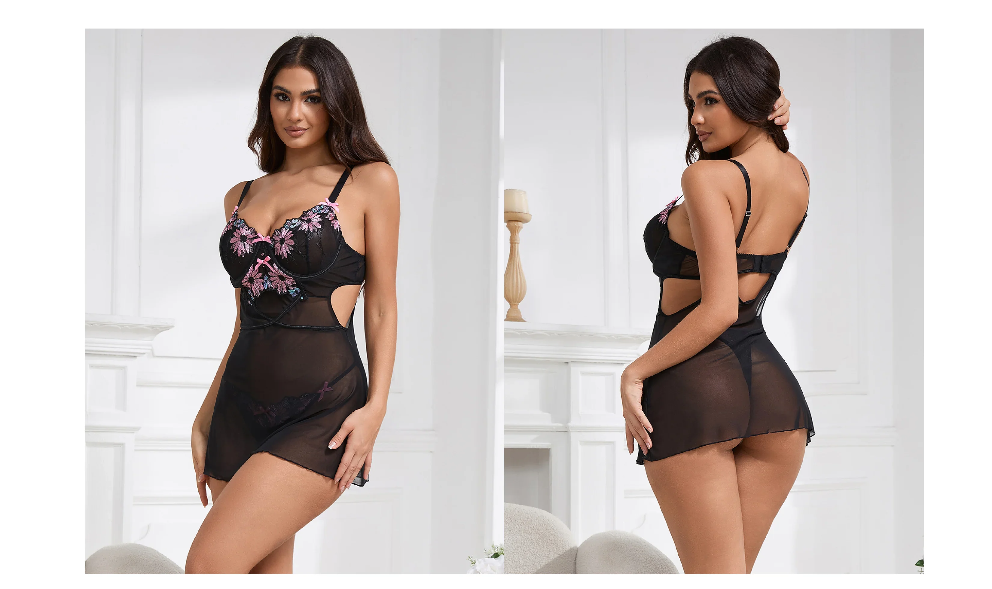 Black Floral Embroidered Mesh Chemise for Women Underwire Push Up Adjustable Back Closure Sleepwear with Panties Plus Size